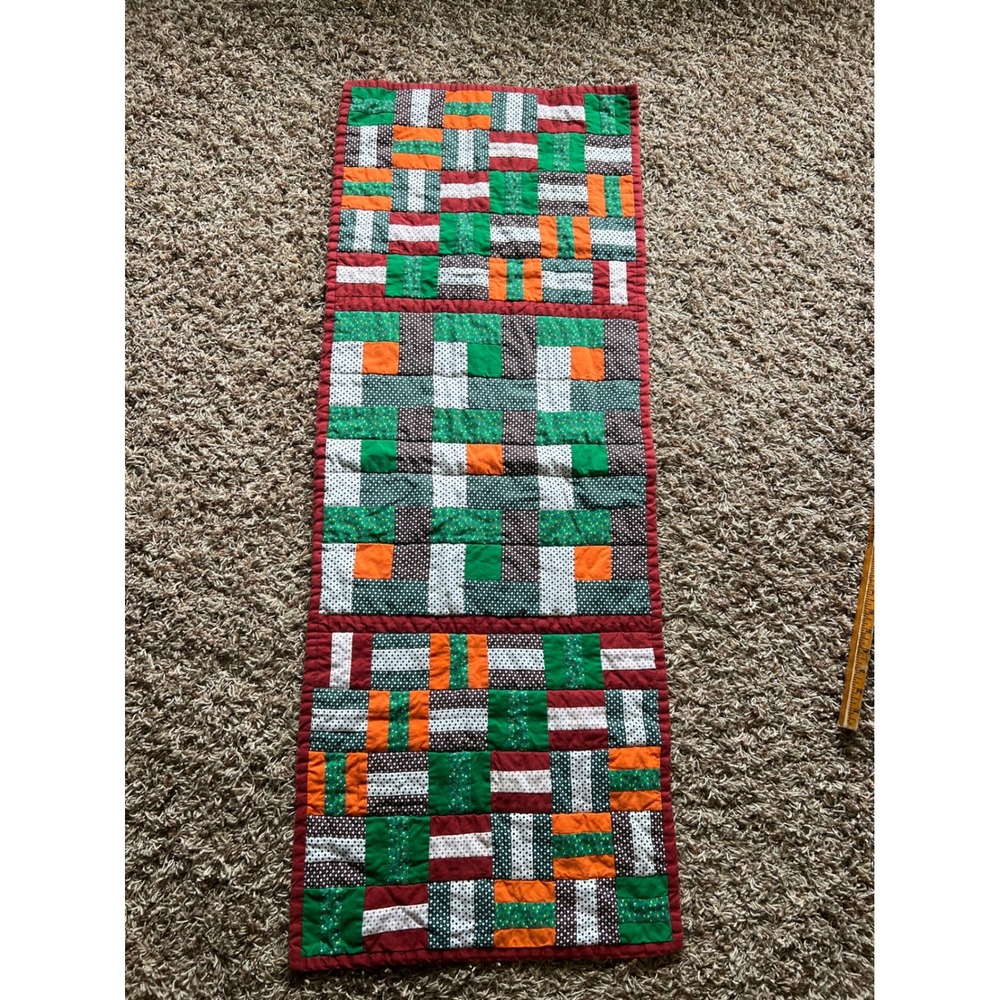 VTG Handmade Quilted Table Runner Patchwork Green Orange Farmhouse Grannycore